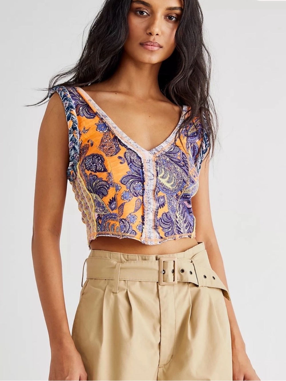 Free People Izabella Paisley V-Neck Crop Top, Orange & Purple w MultiColor, Sz S